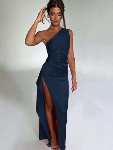 Sexy One-shoulder Backless Split Dress Summer Elegant Slim-fit Solid Color Satin Dresses For Women