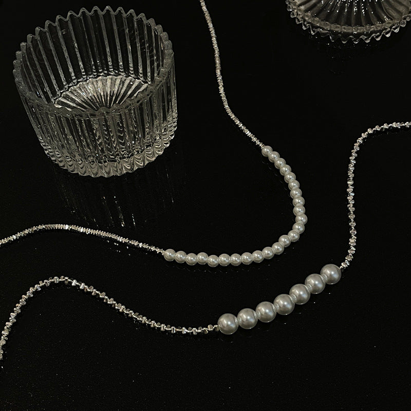 Small Pieces Of Silver Beaded Stitching Pearl Necklace