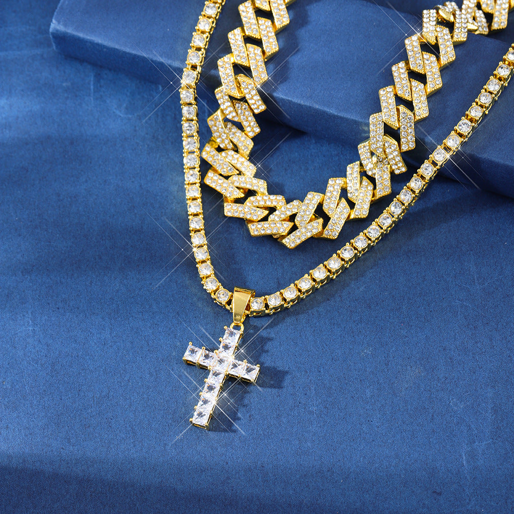 Zircon Cross Pendant Necklace Hip Hop Full Miami Curb Cuban Chain Iced Out Paved Rhinestones Bling Rapper Necklaces For Men Men's And Women's Clavicle Chain Jewelry